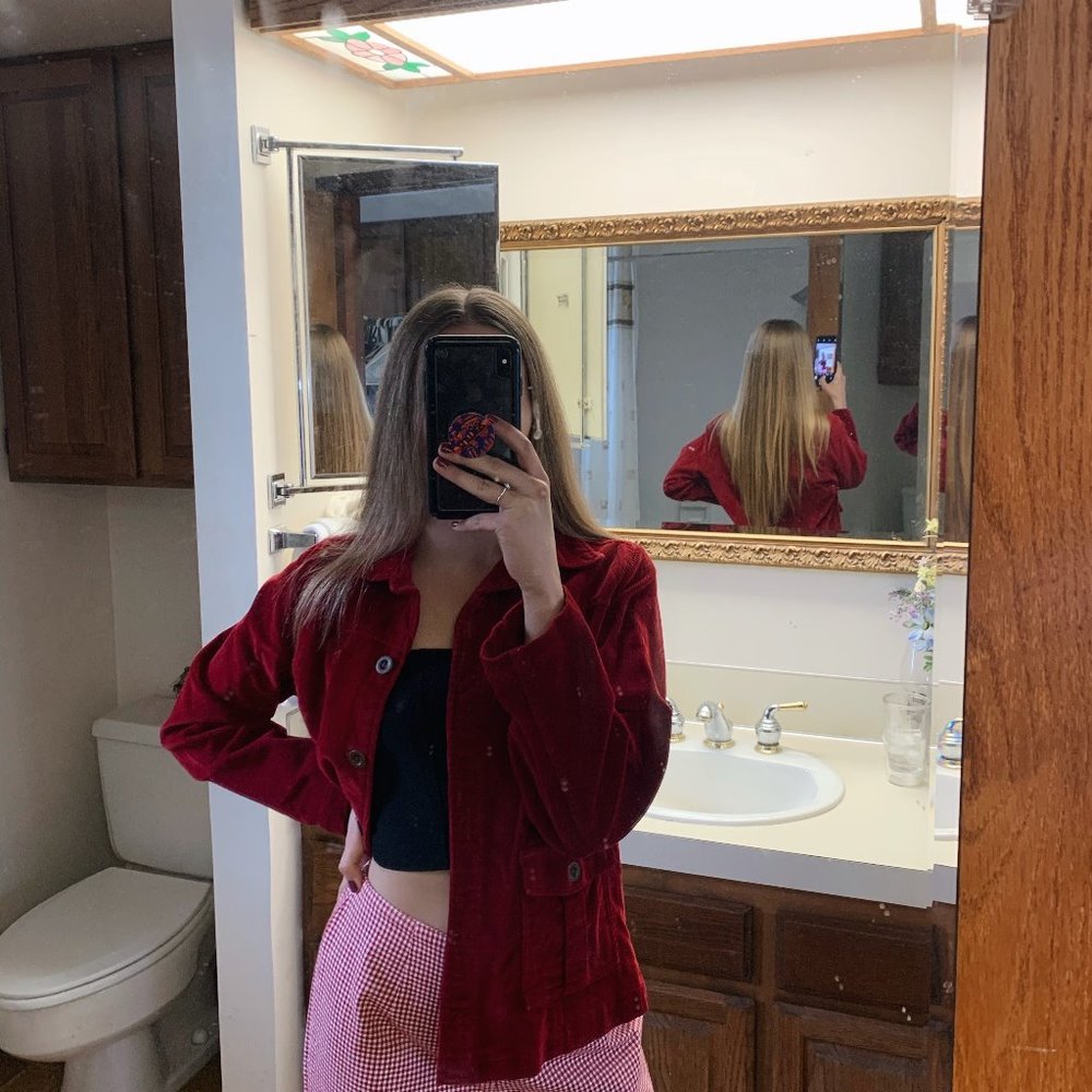 RED CORDUROY BUTTON UP TOP